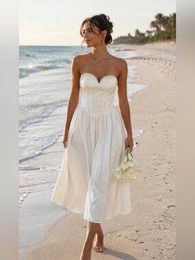 NWT Strapless Corset Top Lace Up Back Midi Dress Wedding Bridal Small